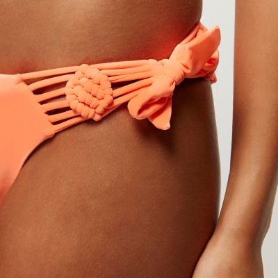Orange macram&#233; trim string bikini bottoms